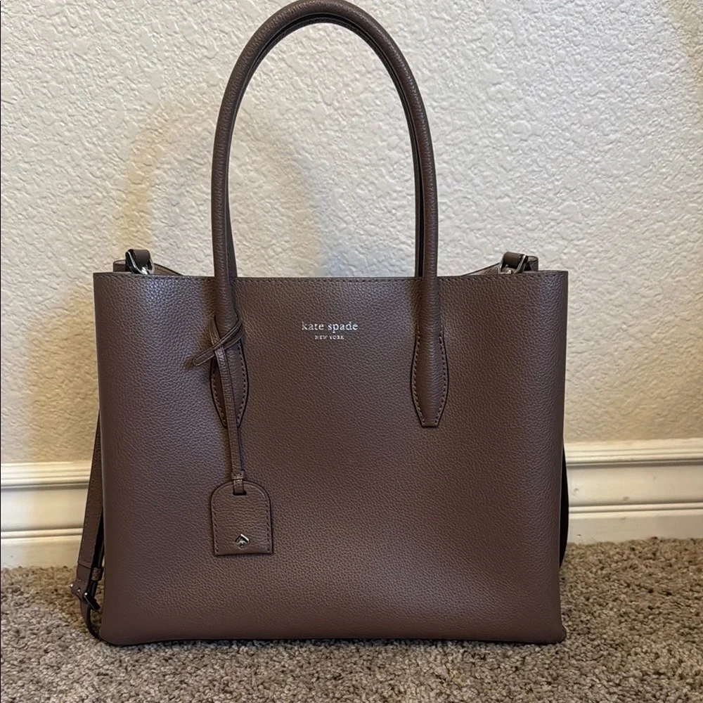 kate spade brown pebbled leather structured tote with luggage tag
